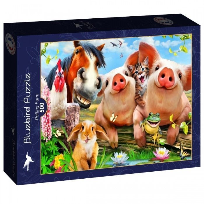 A whimsical cartoon illustration of various farm animals including a horse, pigs, a kitten, a rabbit, and a frog.