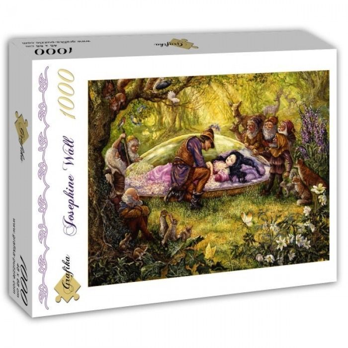 Snow White lying in a glass coffin in a forest surrounded by seven dwarves and woodland animals, in a detailed art style.