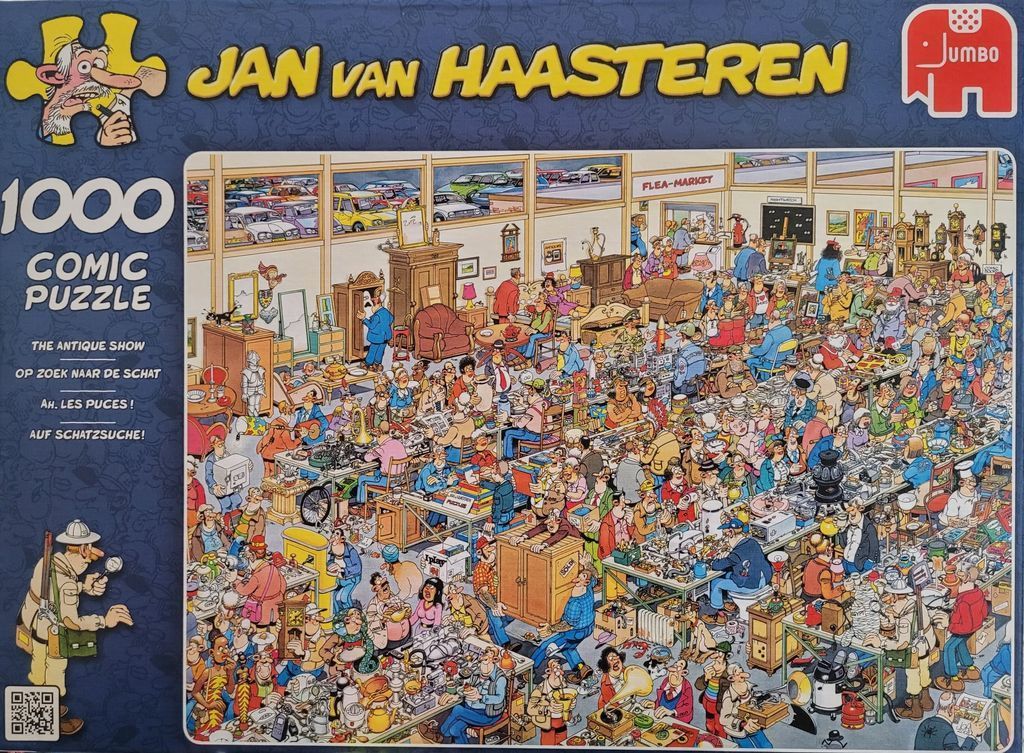 Busy, detailed cartoon illustration of a chaotic flea market filled with people and antiques.