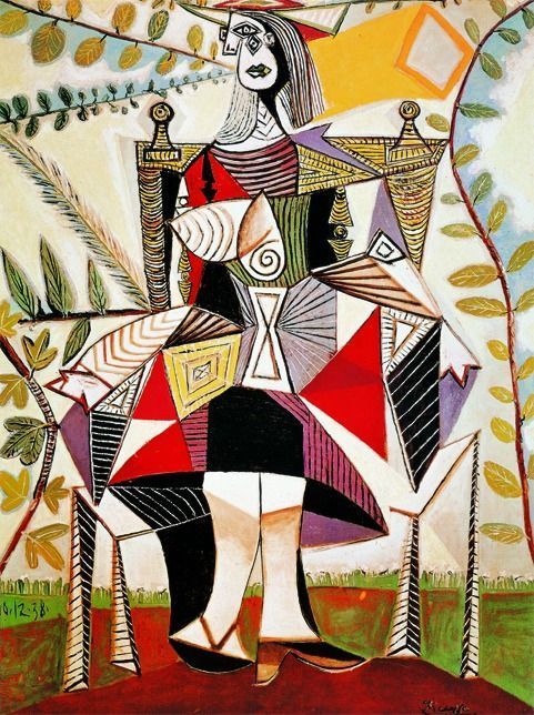 A cubist style painting of a woman seated in a patterned chair surrounded by foliage.