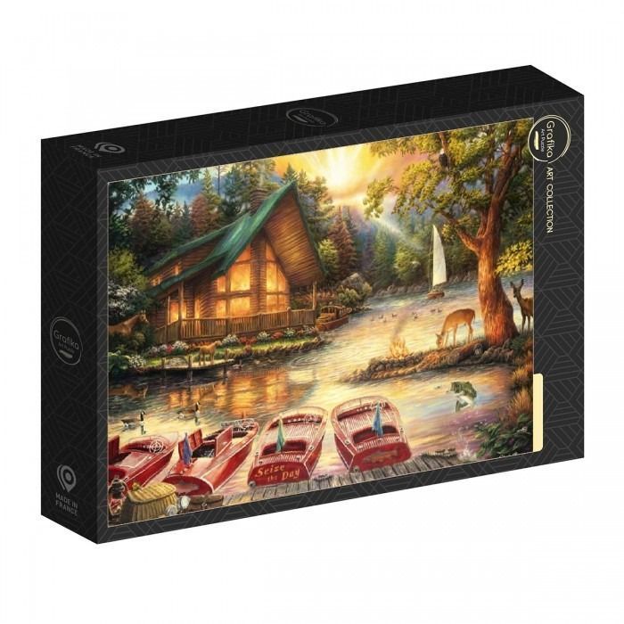 A cozy log cabin beside a river with red boats at sunset, surrounded by forest and wildlife.