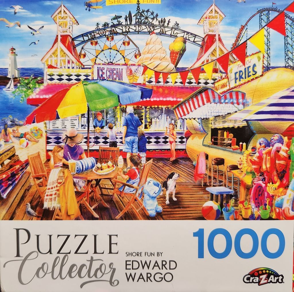 A lively, colorful illustration of a seaside boardwalk scene filled with food stalls, vacationers, and amusement rides.