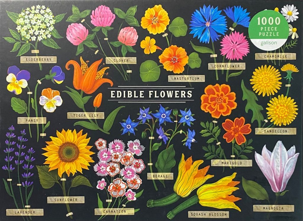 Botanical illustration of various edible flowers against a dark background with labels.