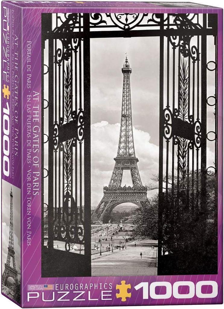 The Eiffel Tower viewed through an ornate black wrought-iron gate in black and white.