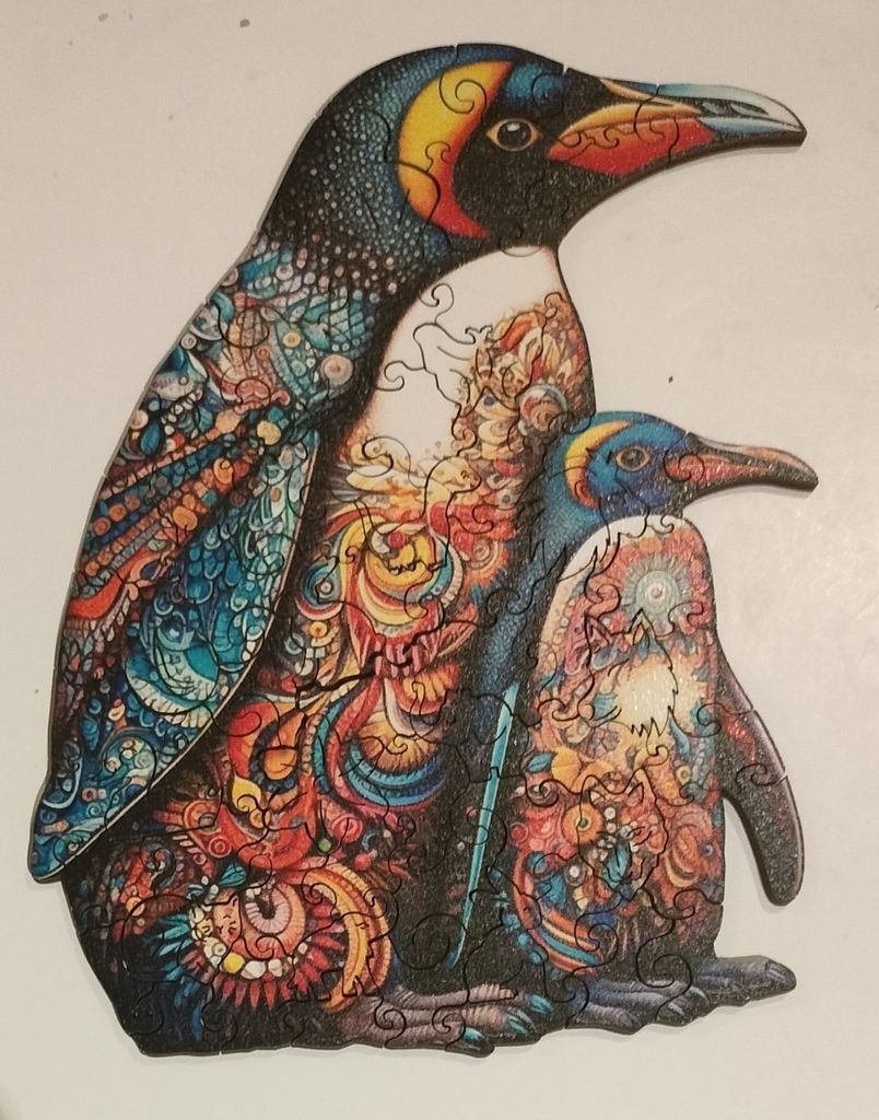 Two penguins side-by-side filled with intricate, vibrant, multi-coloured mandala and paisley patterns.