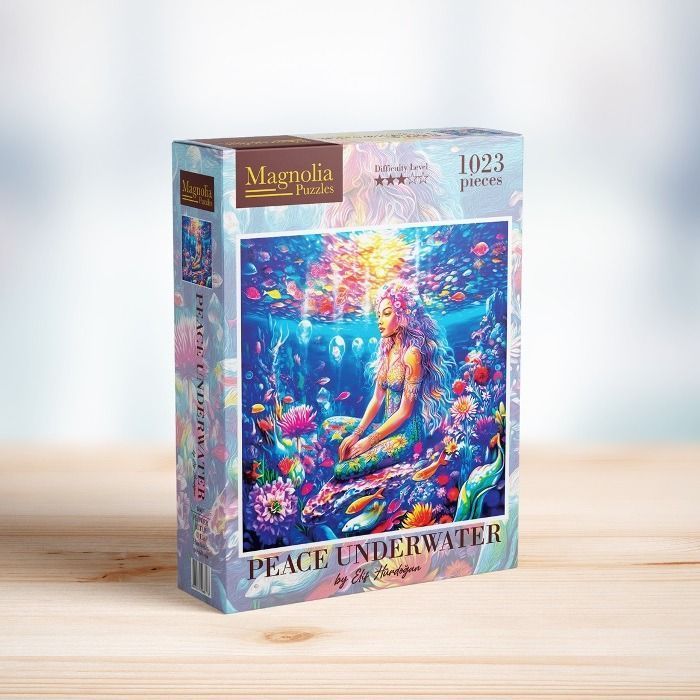 Artistic illustration of a mermaid sitting on an underwater rock surrounded by vibrant coral and tropical fish.