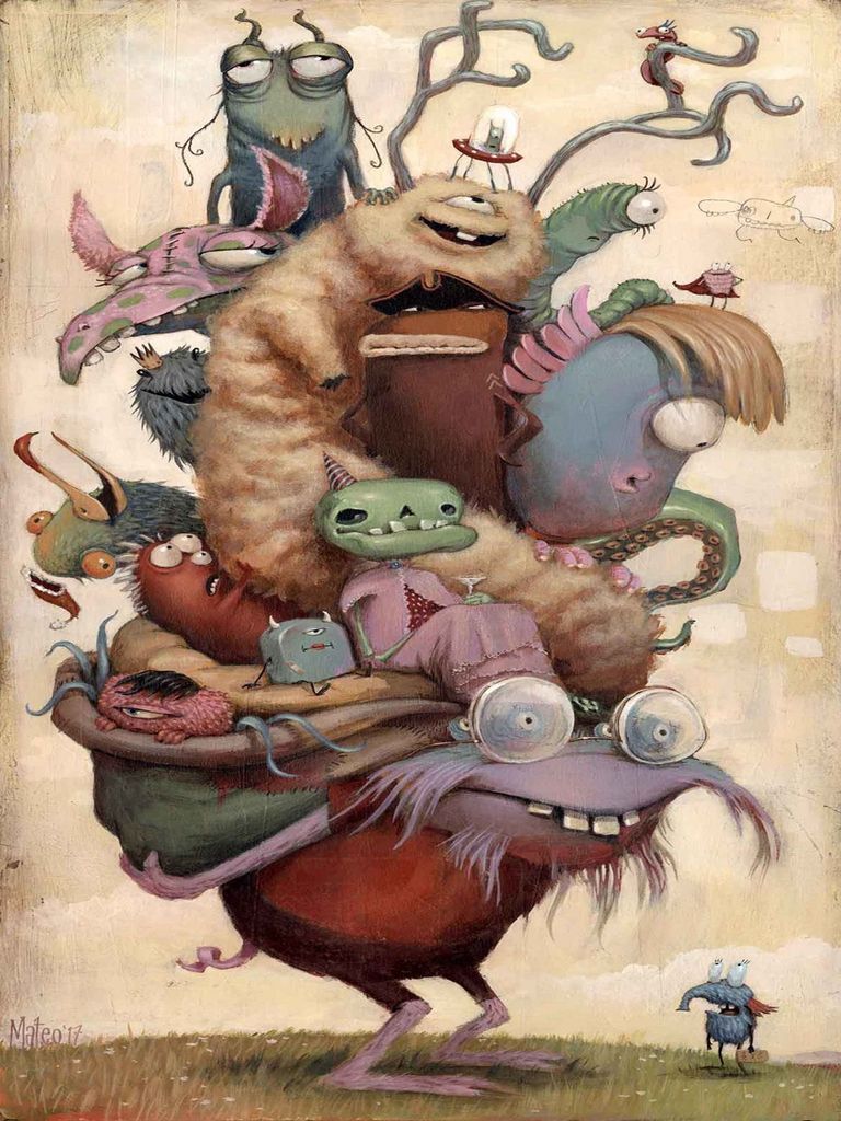 A tall, whimsical stack of colorful cartoon monsters and creatures against a muted tan background.