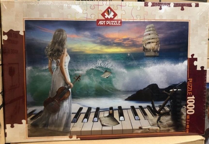A woman in a gown holding a violin stands on a piano key beach facing a stormy ocean with a tall ship.