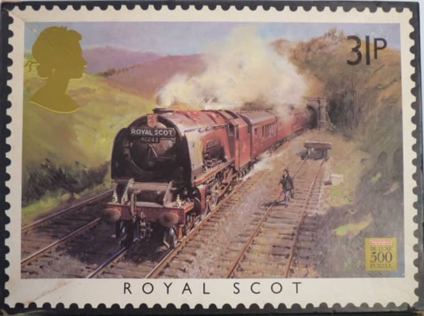 Illustration of the Royal Scot steam train emerging from a tunnel on a postage stamp design.