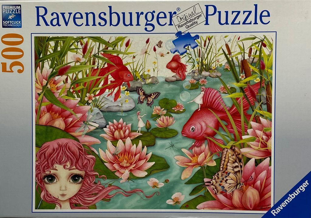 A whimsical illustration of goldfish, water lilies, and tiny fairies in a pond.