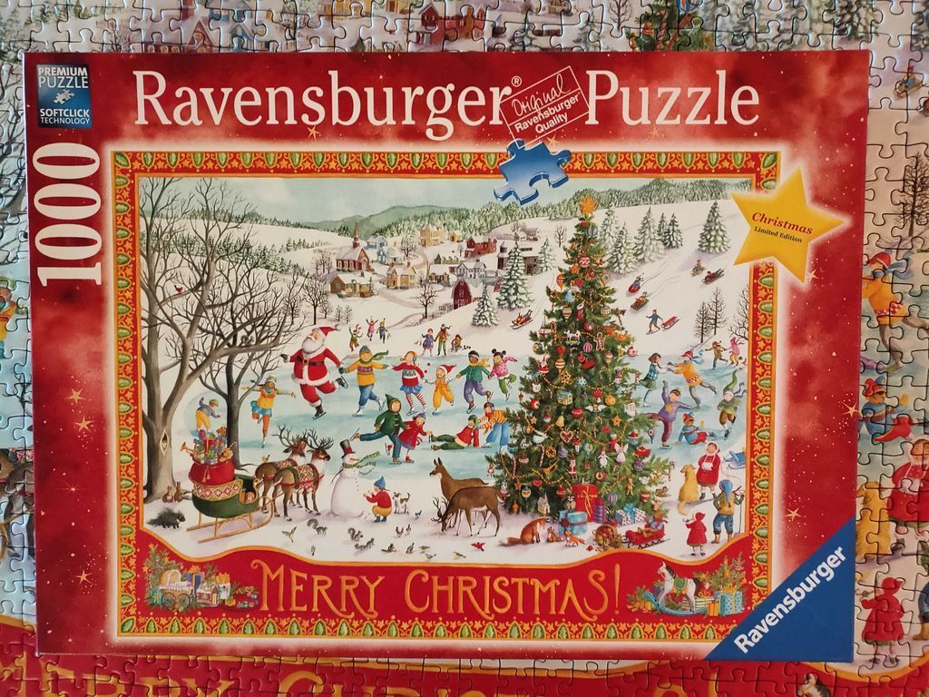 Illustrated winter scene of children ice skating and a large Christmas tree in a snowy village
