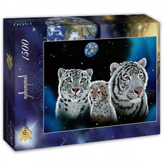 A digital illustration of a snow leopard, a cheetah cub, and a white tiger against a starry space background with Earth.