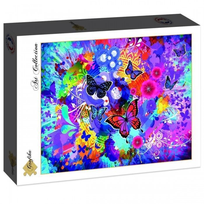 Abstract artwork featuring colorful butterflies against a vibrant, splattered rainbow-hued background.