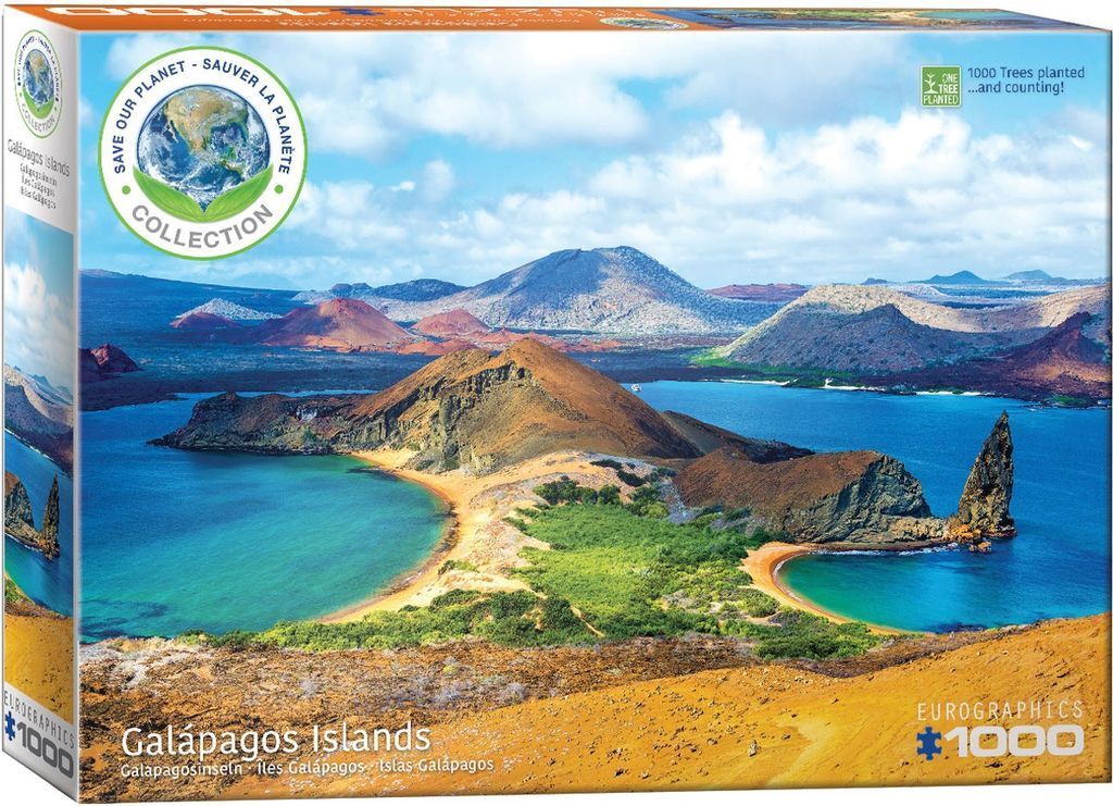 A panoramic landscape of the Galapagos Islands featuring volcanic hills, turquoise bays, and a striking rock formation.