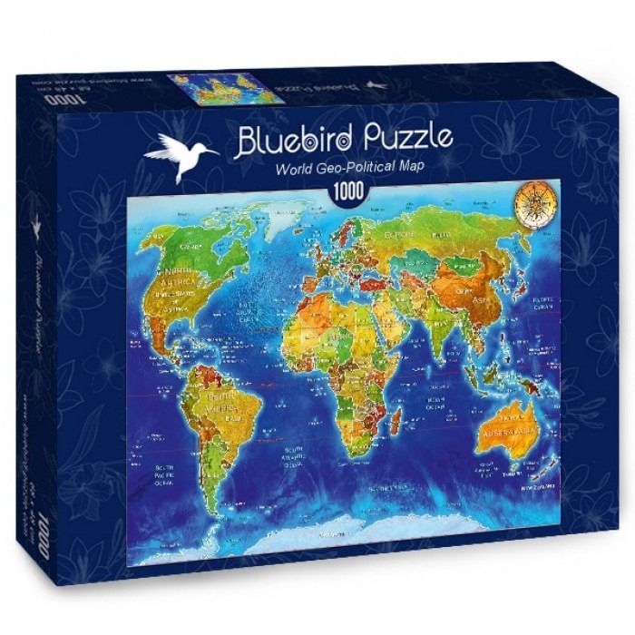 A detailed geopolitical world map featuring vibrant landmasses against a deep blue ocean background.