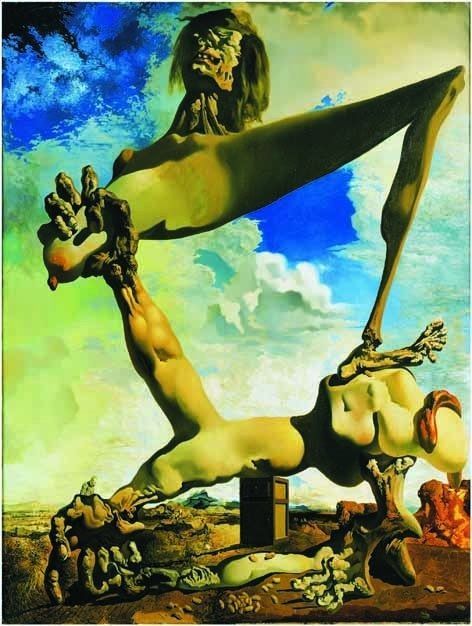 Surrealist painting featuring elongated, distorted human-like forms against a vibrant blue and green landscape.