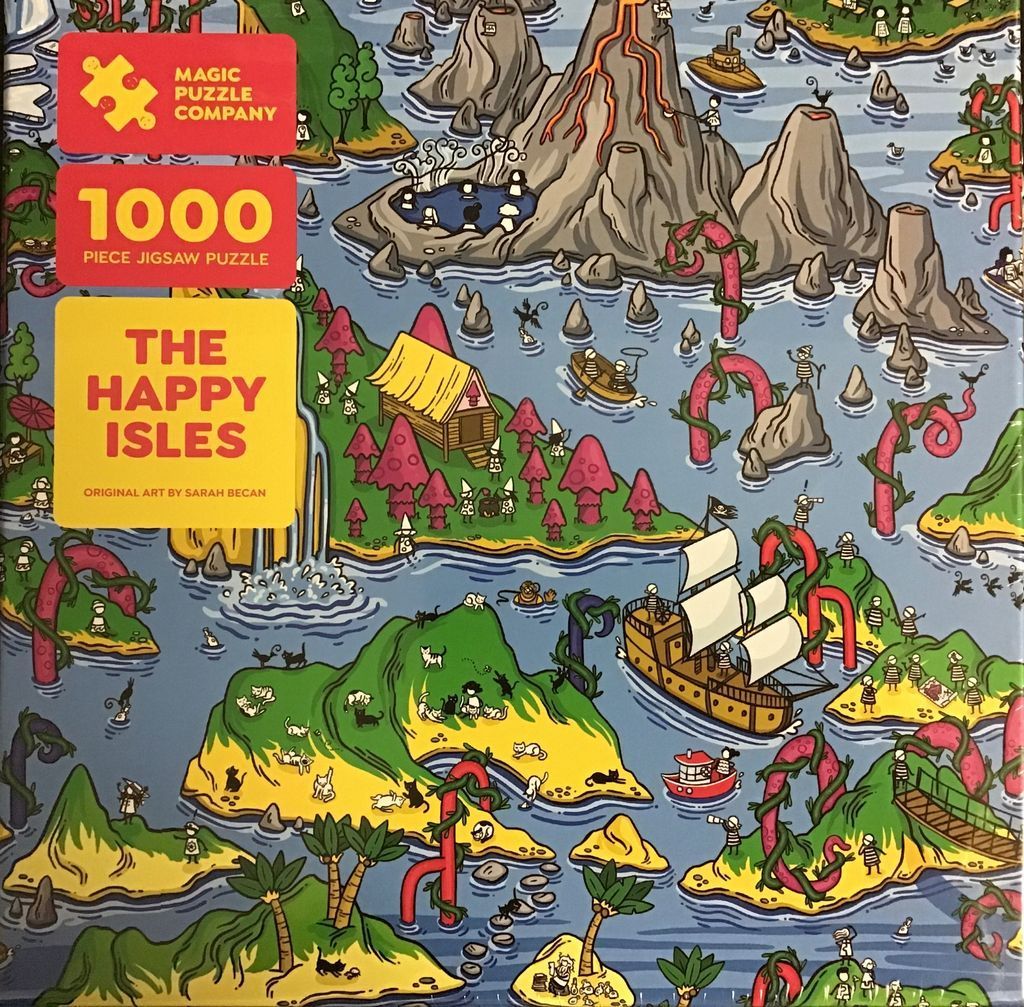 Whimsical illustration of a fantastical archipelago filled with islands, sea creatures, and small figures.