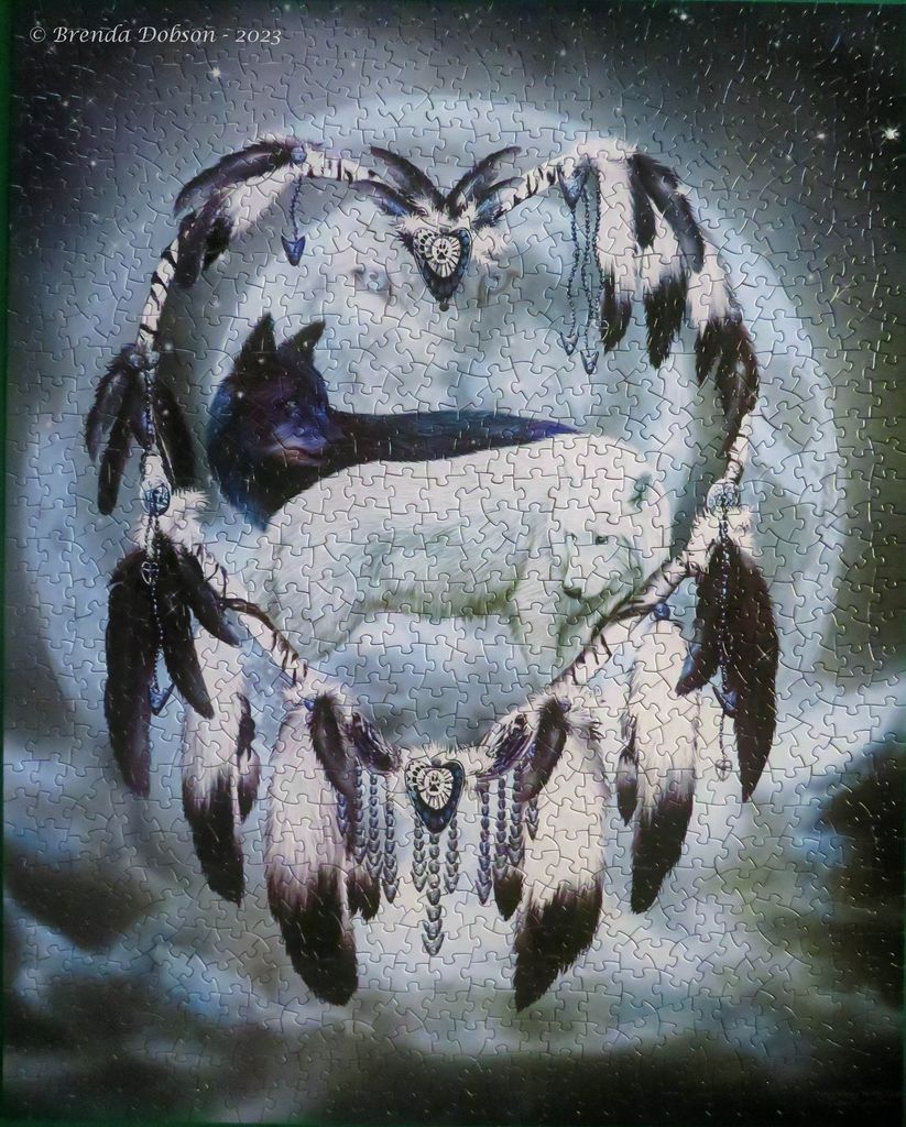 A black wolf and a white wolf appearing inside a heart-shaped dreamcatcher against a full moon.
