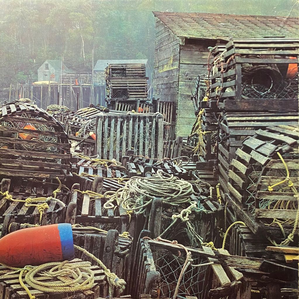 A foggy coastal scene filled with stacked wooden lobster traps and buoys near a weathered shed.