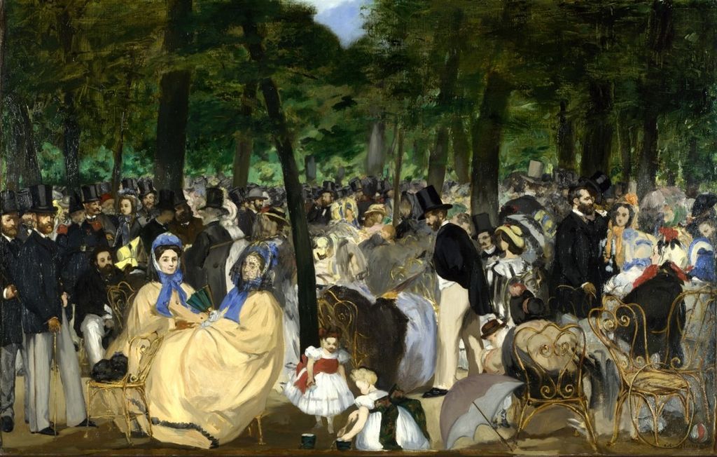 Impressionist painting of a crowded, sun-dappled Parisian park scene with well-dressed people socializing.