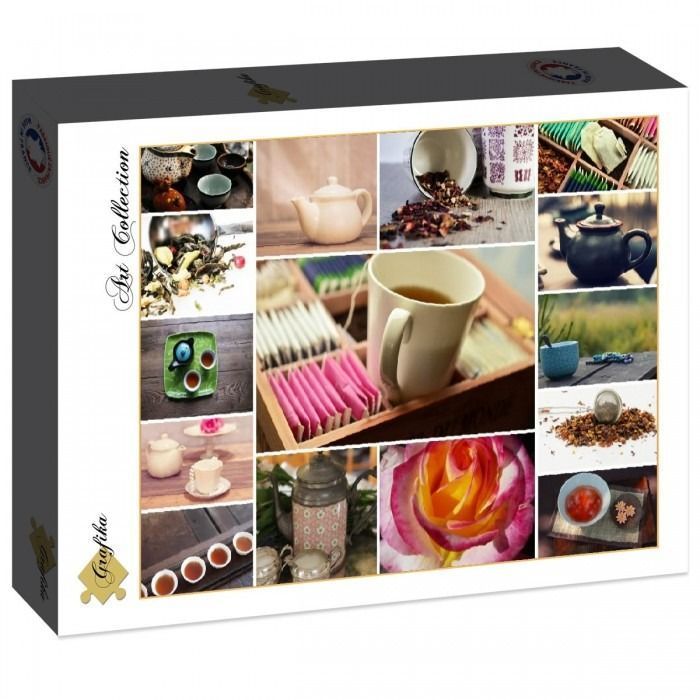 A collage of tea-themed photography including teapots, cups, loose leaves, and a rose.