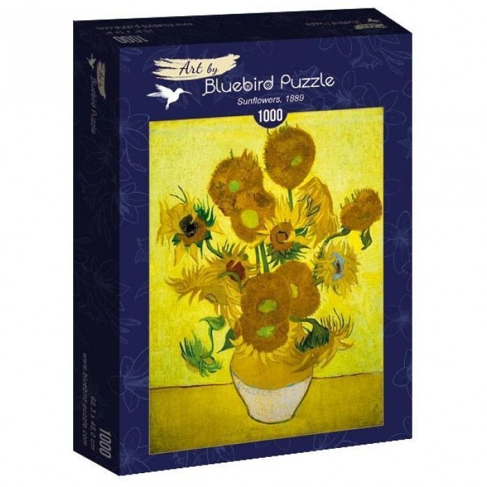 A still life oil painting of a bouquet of sunflowers in a vase by Vincent van Gogh.