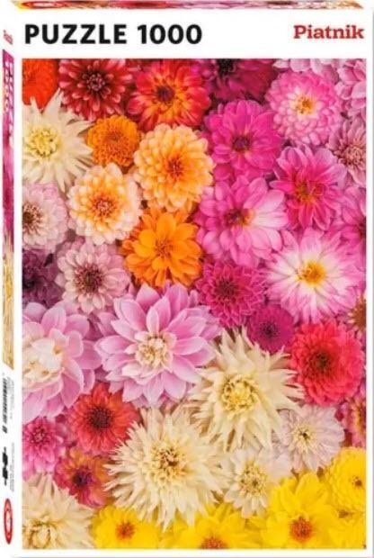 A dense, vibrant collage of blooming dahlia flowers in shades of yellow, orange, pink, and red.