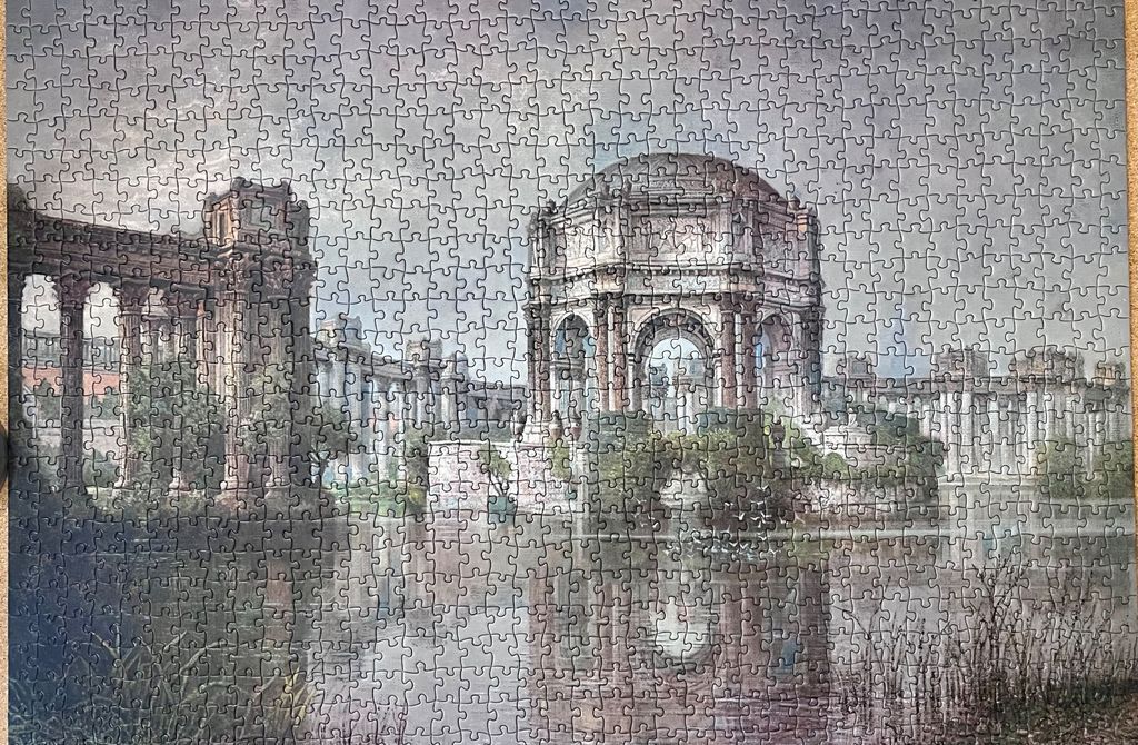 An atmospheric, painterly depiction of the Palace of Fine Arts in San Francisco reflected in a calm lagoon.