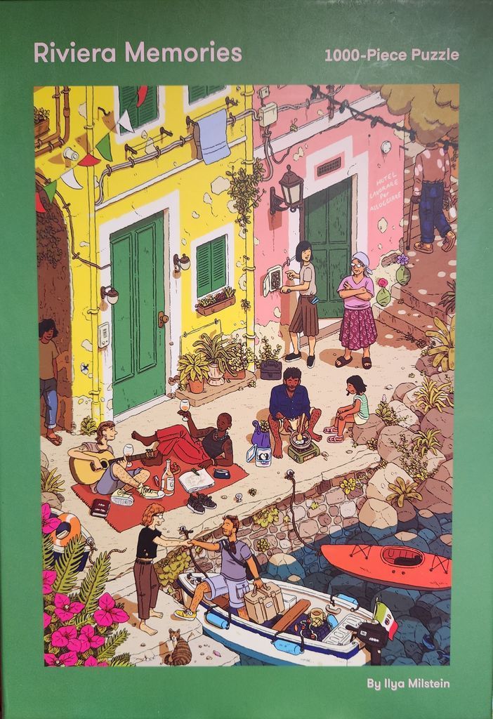An illustrated, high-angle scene of people relaxing along a sunlit Mediterranean waterfront street.