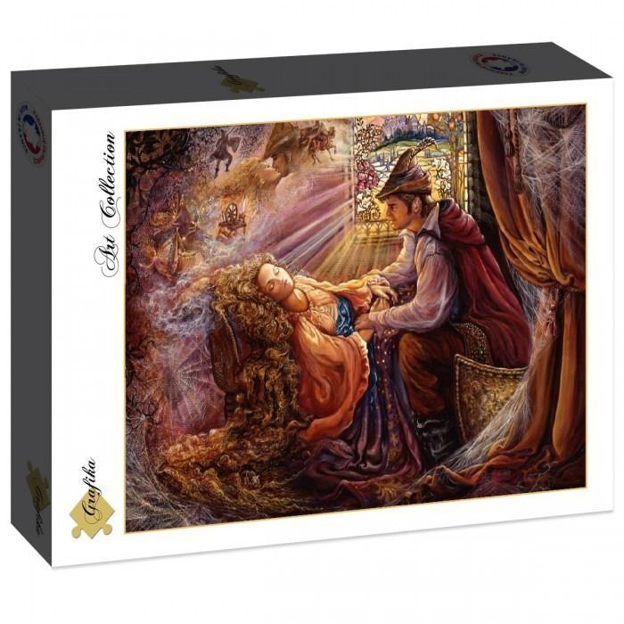 Sleeping Beauty artwork with a prince leaning over her, set in a dreamlike, dark fairy tale forest interior.