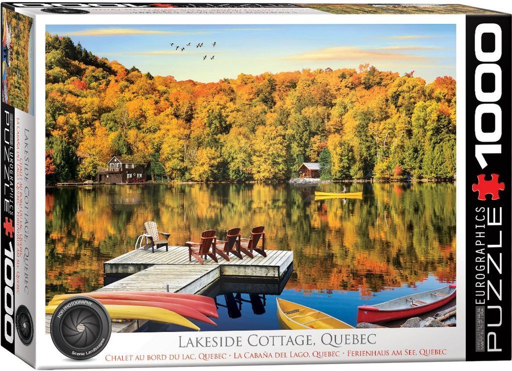A peaceful lakeside cottage scene in Quebec during autumn with colorful trees, a dock, and canoes on the water.