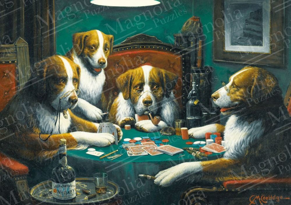 Four dogs with brown and white fur sitting around a green card table playing poker.
