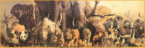 A vast gathering of diverse wildlife including elephants, lions, and giraffes in a warm, dusty landscape.