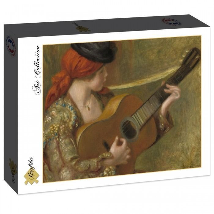 Impressionist painting of a young woman wearing a red headscarf and dark hat playing a classical acoustic guitar.