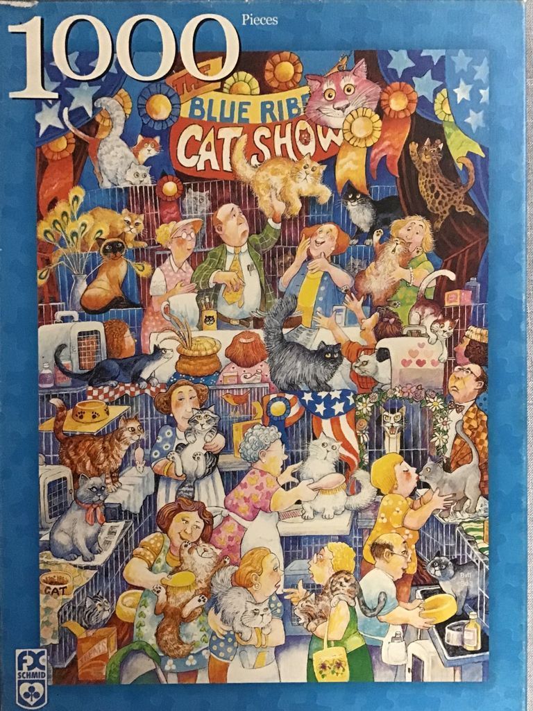 An illustration of a chaotic, crowded cat show with many cats and their owners.