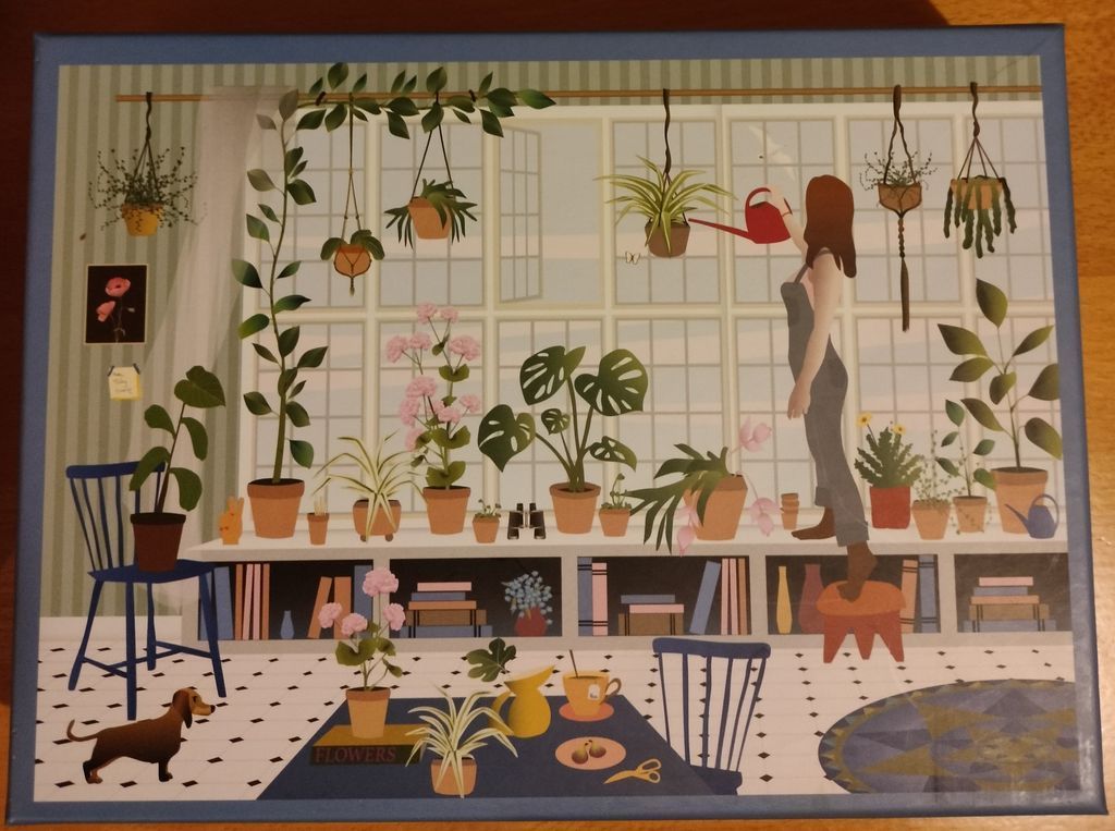 A digital illustration of a woman watering hanging plants in a sunlit, plant-filled room with a dachshund nearby.