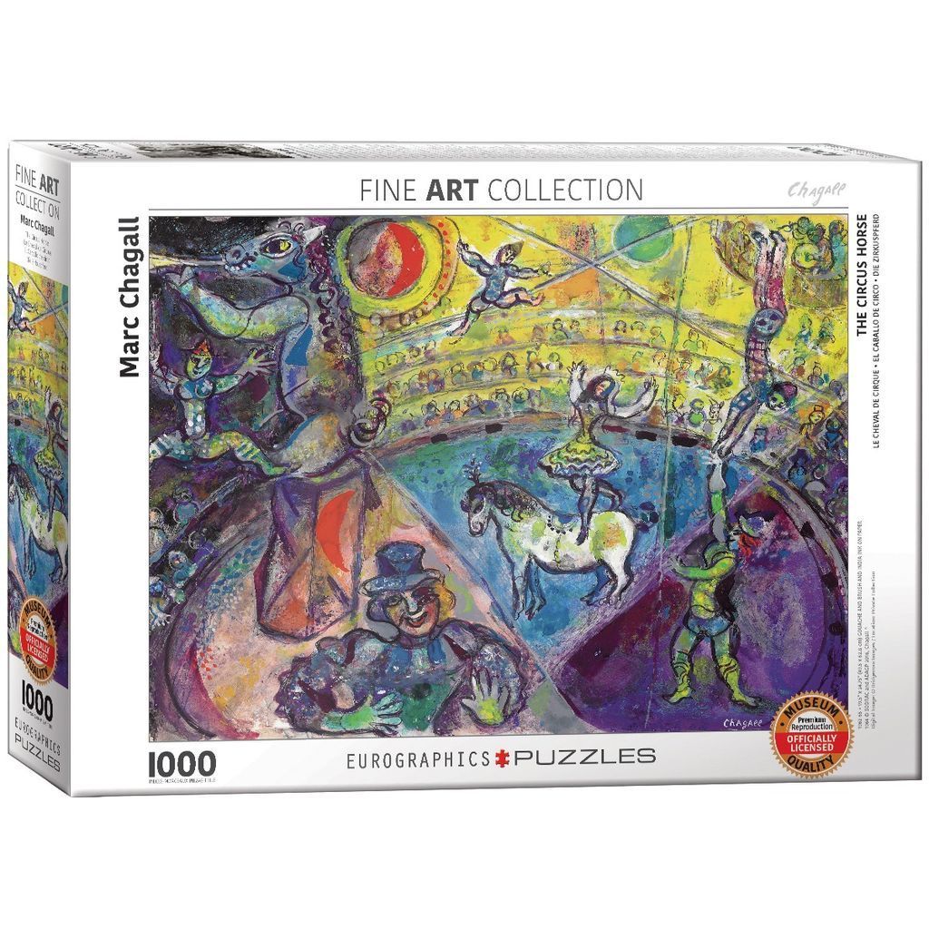 A Marc Chagall painting of a vibrant circus scene featuring a horse, acrobats, and a performer in the foreground.