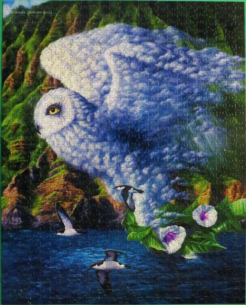 A surreal illustration of a snowy owl formed by clouds hovering above a coastal landscape with birds and flowers.
