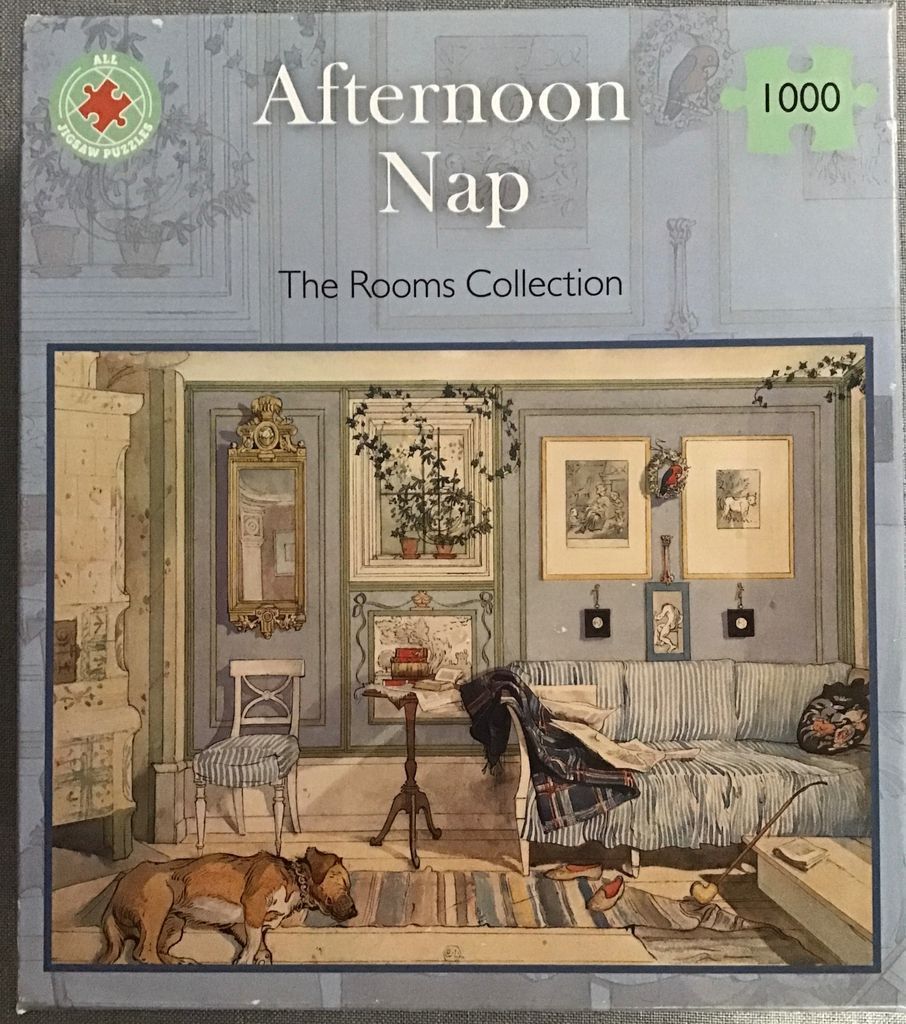 Illustration of a cozy, elegant living room featuring a sleeping dog, a striped sofa, and classic wall decor.