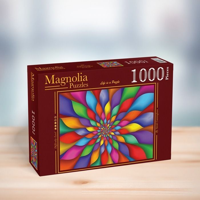Abstract kaleidoscope artwork featuring a radial pattern of colorful, petal-like shapes.