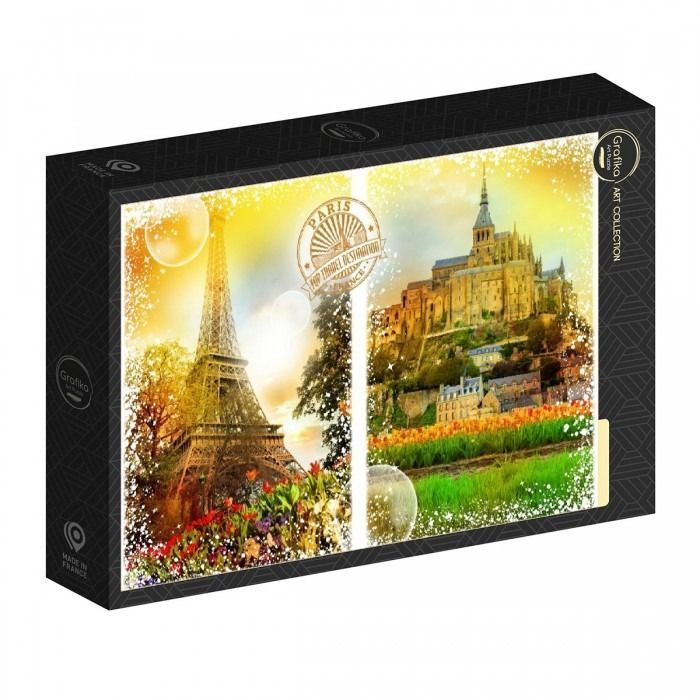 A split-screen illustration showing the Eiffel Tower and Mont Saint-Michel in a sun-drenched, dreamlike style.