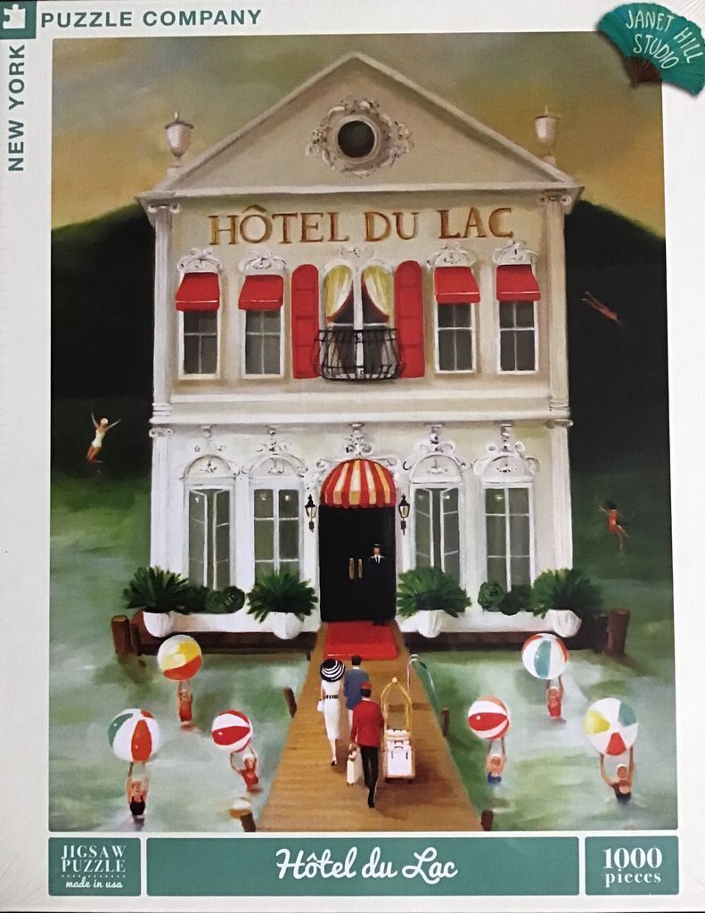 A whimsical painting of a pale yellow boutique hotel with guests on a dock holding large colorful beach balls.