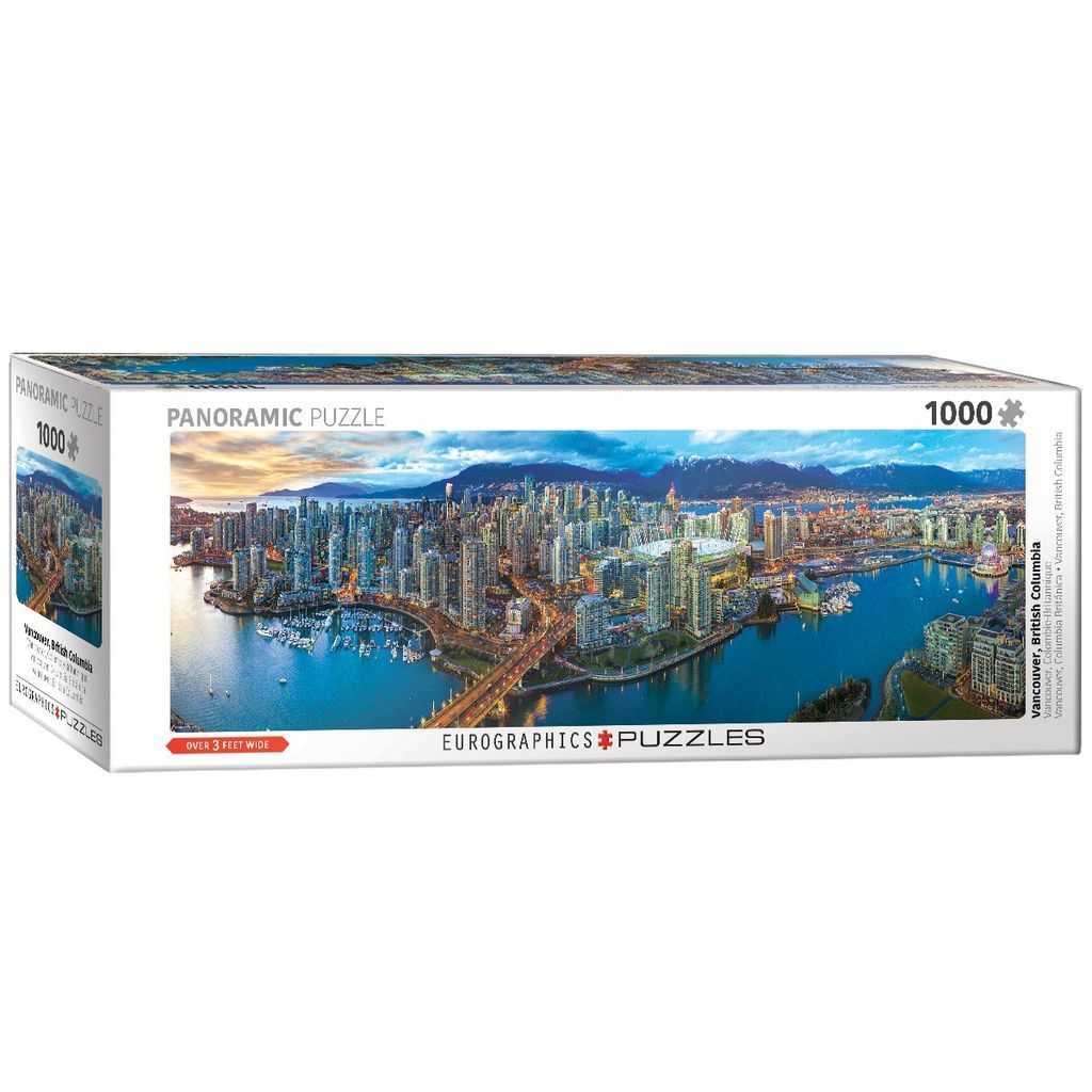 Panoramic twilight aerial view of the Vancouver, British Columbia cityscape and harbor.