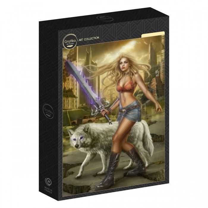 A blonde warrior woman with a glowing purple sword walks through a post-apocalyptic city with a white wolf.