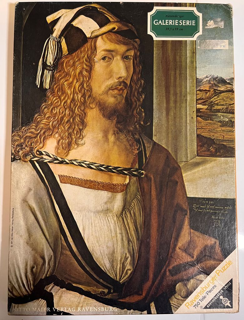 A reproduction of Albrecht Dürer's 1498 Self-Portrait, featuring a man with long auburn hair wearing a patterned hat.