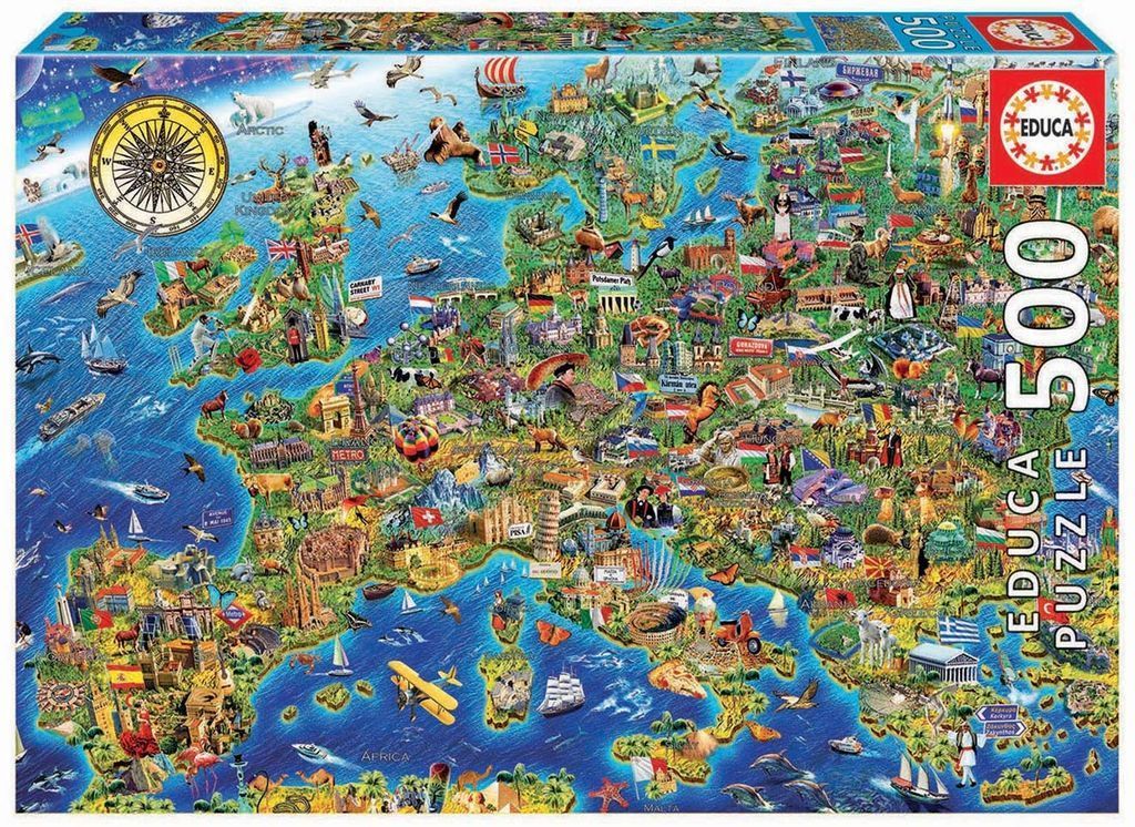 An illustrated map of Europe featuring famous landmarks, wildlife, and cultural symbols across the continent.