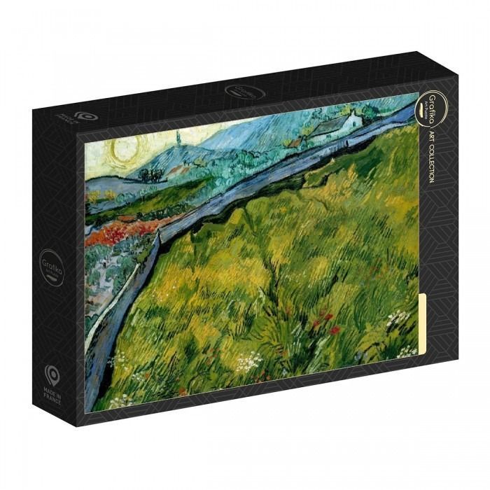 A post-impressionist painting of a green hillside with a winding stone wall, by Vincent van Gogh.