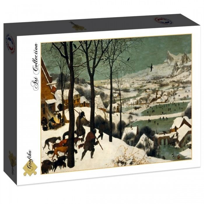 A classic oil painting depicting a winter landscape with hunters returning from a hunt, villagers skating, and mountains.