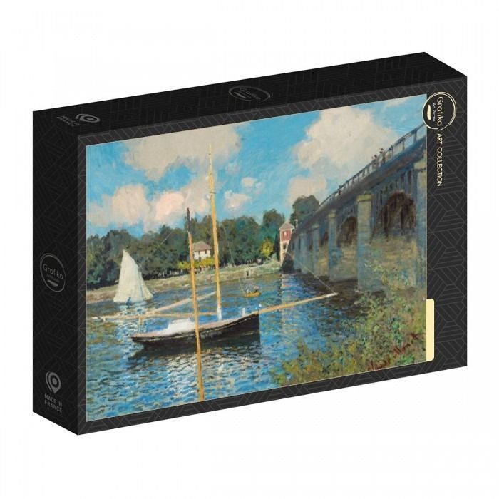 Impressionist painting of boats moored on a river under a bridge, in the style of Claude Monet.