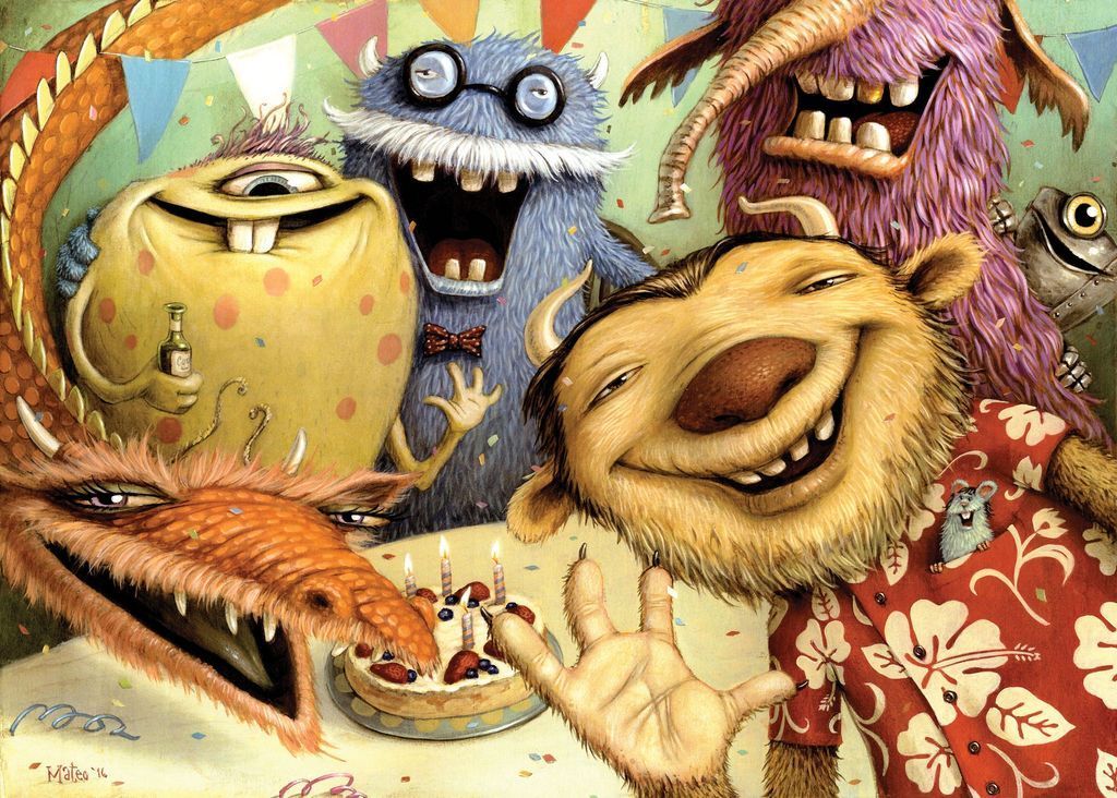 A group of colorful, goofy monsters celebrating with a birthday cake.